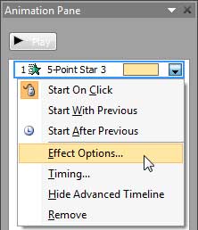 Effect Options selected for the animation Effect Options selected for the animation