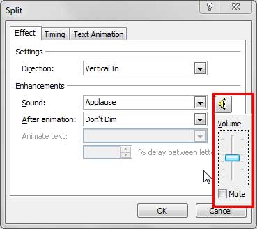 Volume slider within animation dialog box