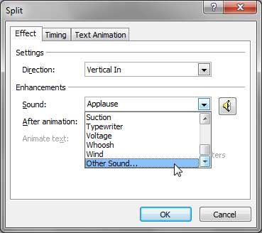 Other Sound option within the Sound drop-down list Other Sound option within the Sound drop-down list