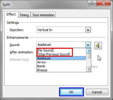 No Sound and Stop Previous Sound options within Sound drop-down list No Sound and Stop Previous Sound options within Sound drop-down list