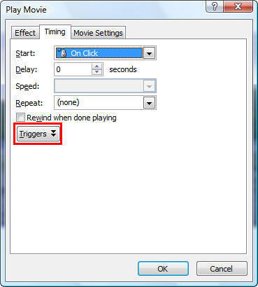 Triggers button within the Timing tab of the Play Movie dialog box Triggers button within the Timing tab of the Play Movie dialog box