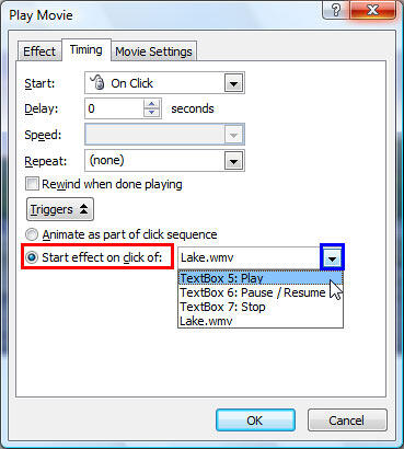 List of slide objects displayed for the Start effect on click of option List of slide objects displayed for the Start effect on click of option