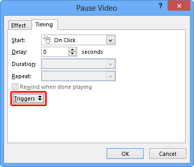 Triggers button within the Timing tab of the Pause Video dialog box