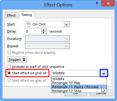 List of slide objects displayed for the Start effect on click of option