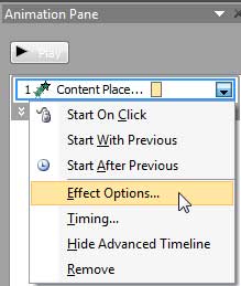 Effect Options to be selected for the animation Effect Options to be selected for the animation