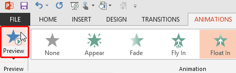 Preview button within the Animations tab Preview button within the Animations tab
