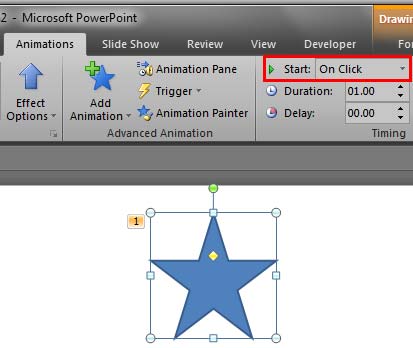 Start box within the Animations tab