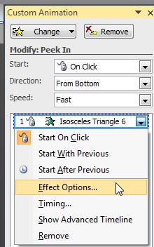 Effect Options selected for the animation in the Custom Animation Task Pane Effect Options selected for the animation in the Custom Animation Task Pane