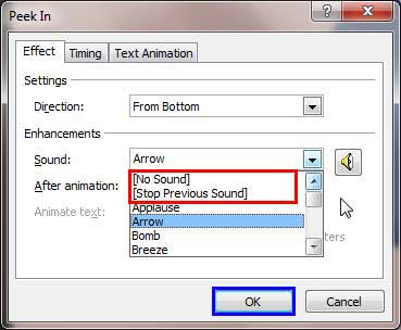 No Sound and Stop Previous Sound options within Sound drop-down menu No Sound and Stop Previous Sound options within Sound drop-down menu