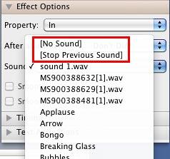 No Sound and Stop Previous Sound options within the Sound drop-down list No Sound and Stop Previous Sound options within the Sound drop-down list