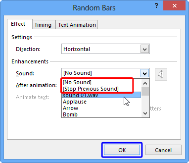 No Sound and Stop Previous Sound options within Sound drop-down list