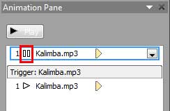 Animation Pane displaying Pause media action added to the audio clip