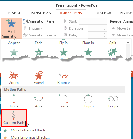 Custom Path option within the Add Animation gallery Custom Path option within the Add Animation gallery