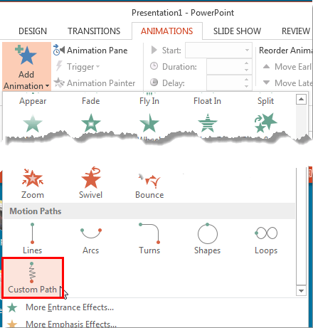 Custom Path option within the Add Animation gallery