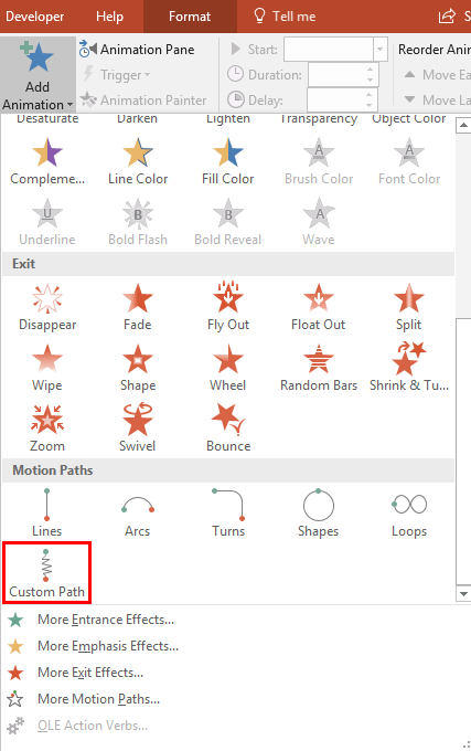 Custom Path option within the Add Animation gallery