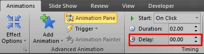 Delay box within the Animations tab Delay box within the Animations tab