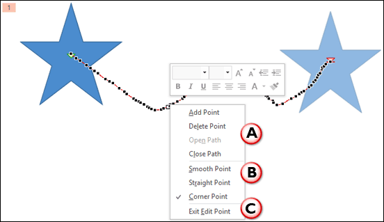 Motion Path in Edit Points mode, with point editing options  Motion Path in Edit Points mode, with point editing options