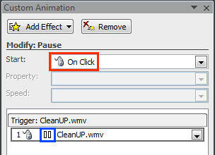 Custom Animation Task Pane displaying animation event and movie action of the selected movie clip Custom Animation Task Pane displaying animation event and movie action of the selected movie clip