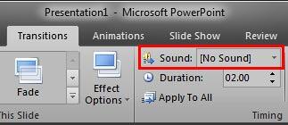 Sound option within the Transitions tab Sound option within the Transitions tab