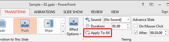 Apply To All button within the Transitions tab Apply To All button within the Transitions tab