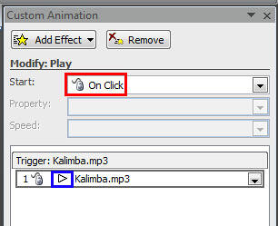 Custom Animation Task Pane displaying animation event and sound action of the selected sound clip