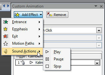 Sound Actions sub-menu within the Add Effects drop-down menu Sound Actions sub-menu within the Add Effects drop-down menu