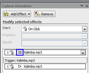 Custom Animation Task Pane displaying Pause sound action added to the sound clip Custom Animation Task Pane displaying Pause sound action added to the sound clip