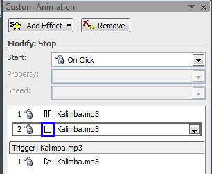 Custom Animation Task Pane displaying Stop sound action added to the sound clip
