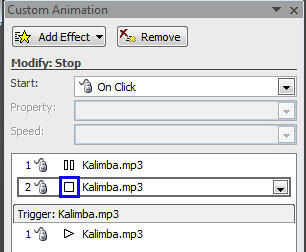 Custom Animation Task Pane displaying Stop sound action added to the sound clip Custom Animation Task Pane displaying Stop sound action added to the sound clip