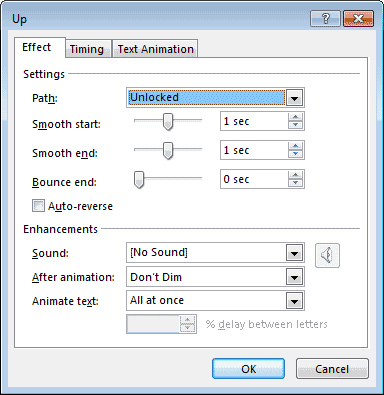 Effect tab within Up dialog box