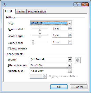 Effect tab within Up dialog box Effect tab within Up dialog box