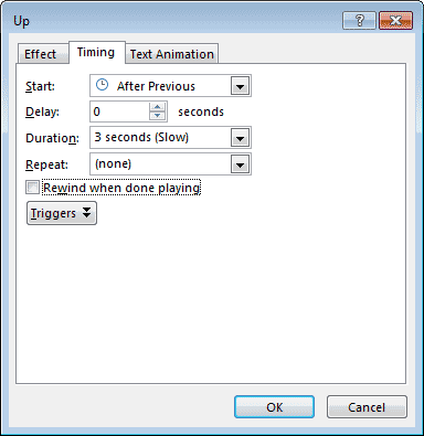 Timing tab within Up dialog box