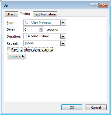 Timing tab within Up dialog box Timing tab within Up dialog box