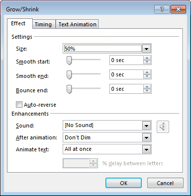 Effect tab within Grow/Shrink dialog box