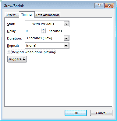 Timing tab within Grow/Shrink dialog box Timing tab within Grow/Shrink dialog box