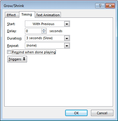 Timing tab within Grow/Shrink dialog box