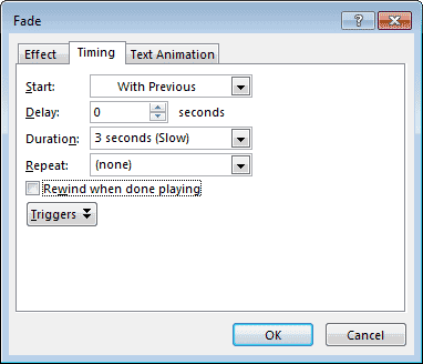 Timing tab within Fade dialog box Timing tab within Fade dialog box