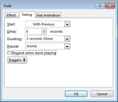 Timing tab within Fade dialog box