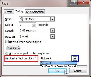 Start effect on click of option selected for the animation