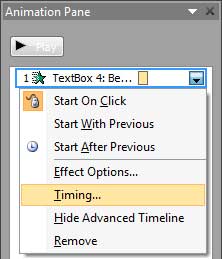 Timing option selected for the animation Timing option selected for the animation