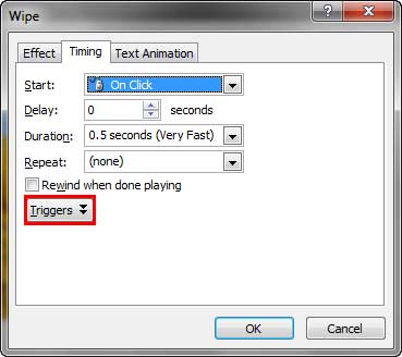 Triggers button within the Timing tab Triggers button within the Timing tab