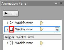 Animation Pane displaying Stop media action added to the video clip Animation Pane displaying Stop media action added to the video clip