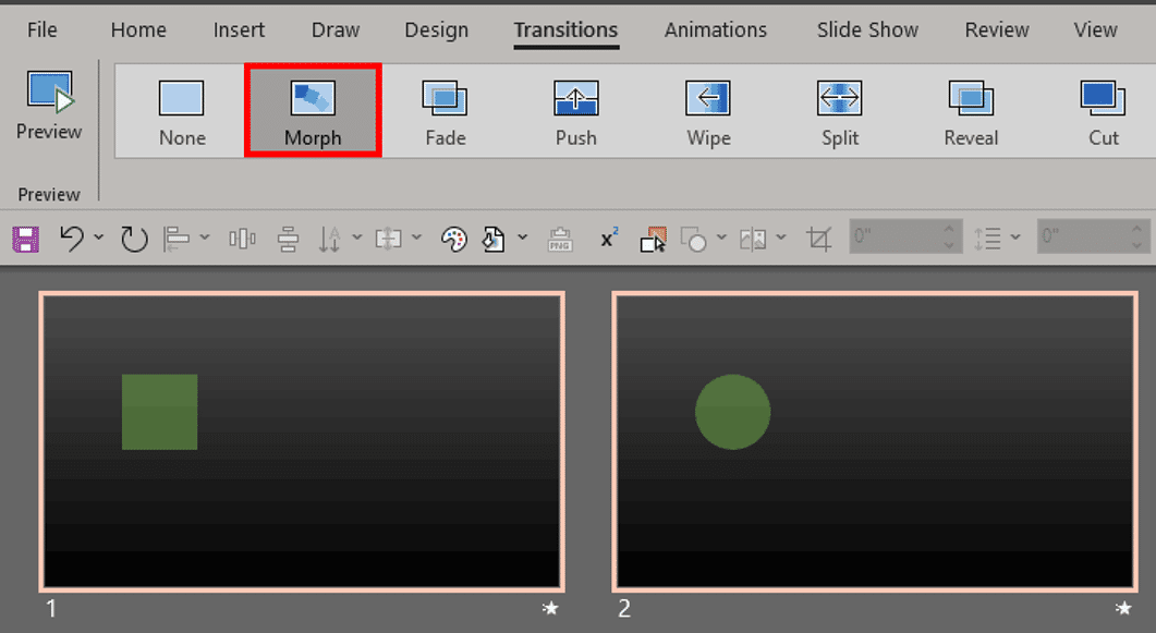 Morph transition effect in PowerPoint 365