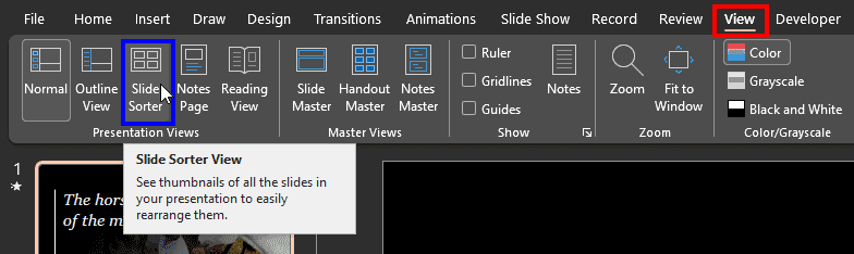 Slide Sorter button on the View tab in PowerPoint 365