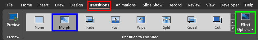 Transitions tab of the Ribbon in PowerPoint