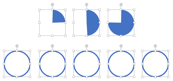 Create five circles for the Harvey balls and place them below the three Pie shapes