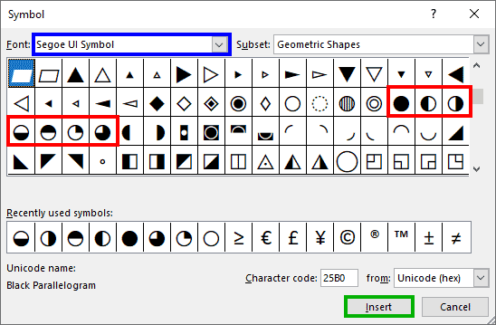 Harvey balls in the Symbol dialog box in PowerPoint 365