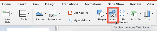 Click the Icons button in PowerPoint 365 for Mac Click the Icons button in PowerPoint 365 for Mac