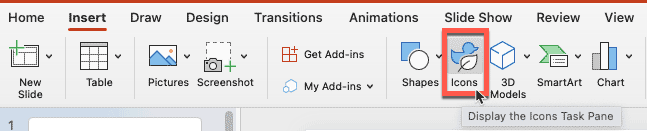 Click the Icons button in PowerPoint 365 for Mac