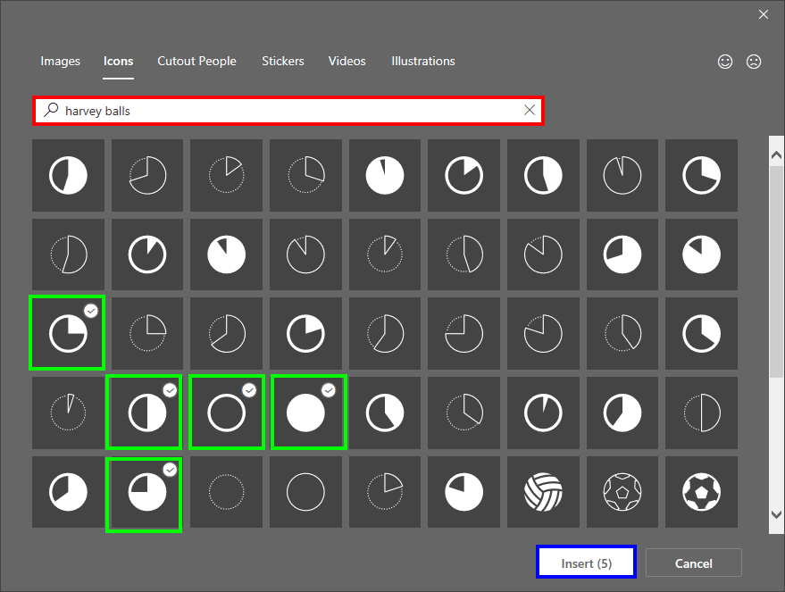Icons dialog box in PowerPoint showing Harvey balls in PowerPoint 365